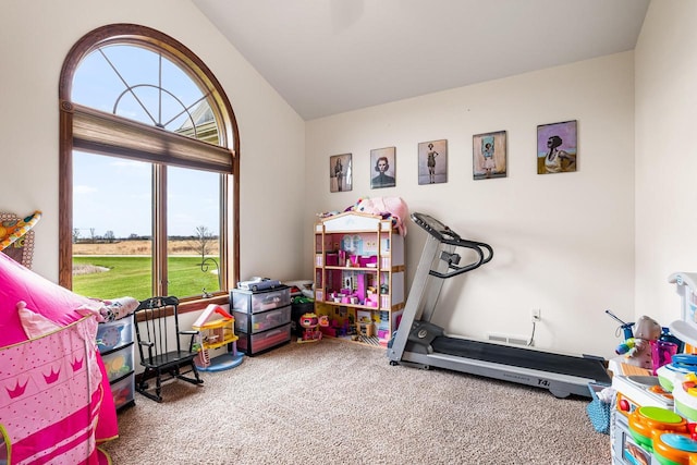 rec room with carpet floors and vaulted ceiling