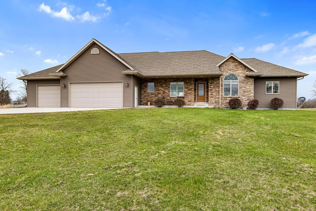 single story home featuring a shingled roof, concrete driveway, stone siding, a front yard, and a garage