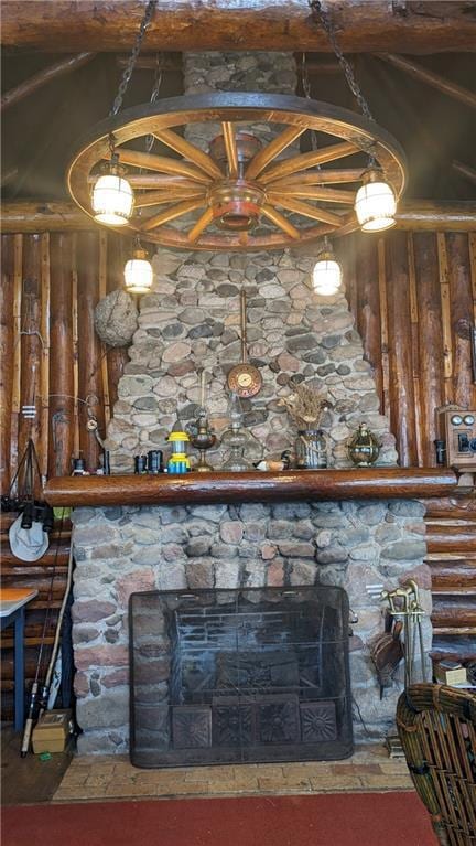6051 Elsie Rd, Stone Lake, WI 54876 - unfurnished living room with a stone fireplace