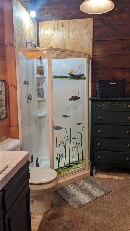 6051 Elsie Rd, Stone Lake, WI 54876 - bathroom with toilet, a shower stall, and vanity