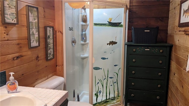 6051 Elsie Rd, Stone Lake, WI 54876 - bathroom featuring wood walls, curtained shower, toilet, and vanity