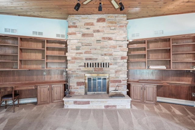 unfurnished living room with visible vents, a fireplace, and light carpet