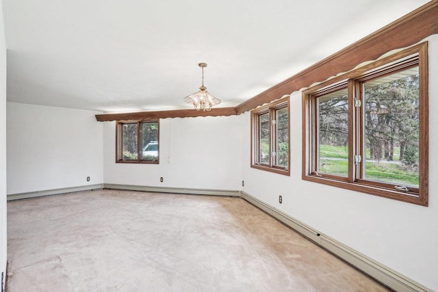 spare room with an inviting chandelier, a baseboard radiator, and baseboards