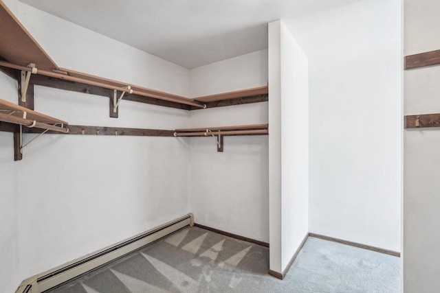spacious closet featuring a baseboard radiator and carpet flooring