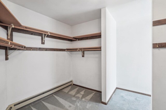 spacious closet featuring a baseboard radiator and carpet flooring