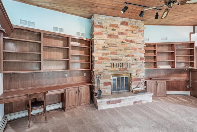 interior space featuring visible vents, light carpet, and wood ceiling