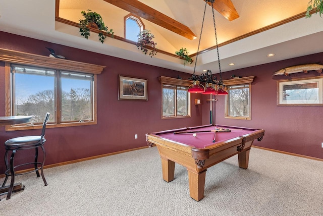 game room with carpet, baseboards, and billiards