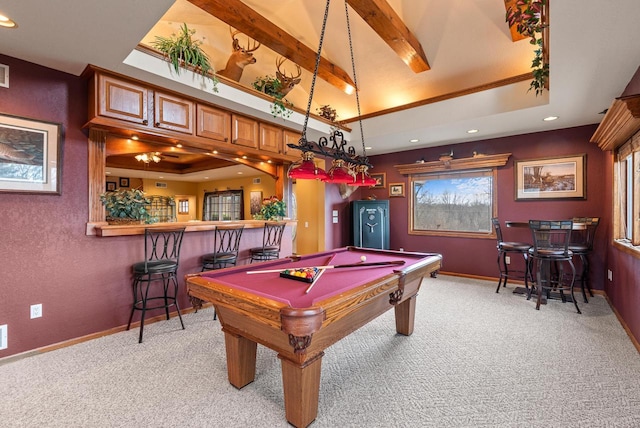 recreation room featuring recessed lighting, a bar, light colored carpet, and billiards