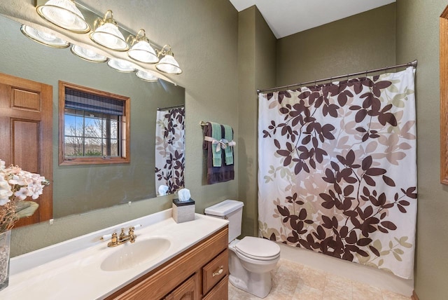 full bathroom with tile patterned floors, a textured wall, toilet, vanity, and a shower with shower curtain