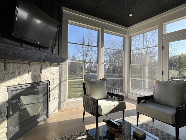 3156 Breeze Dr, Sun Prairie, WI 53590 - sunroom featuring wooden ceiling and wood finished floors