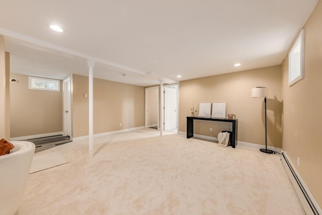W2252 Spring Lake Rd, Markesan, WI 53946 - basement with a baseboard radiator, carpet floors, and recessed lighting