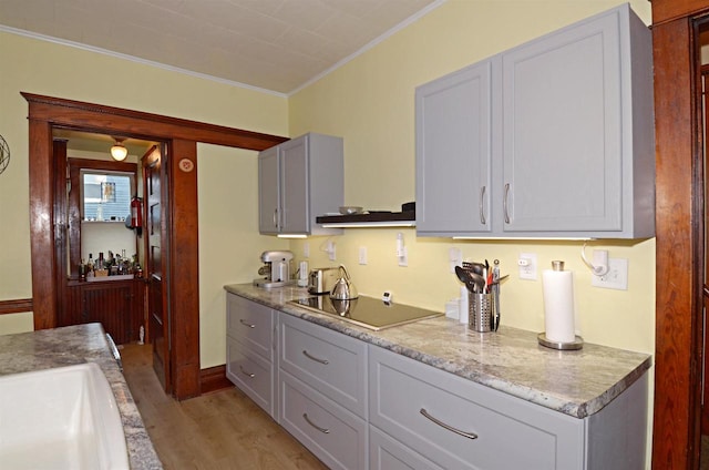 301 Van Buren St, Sauk City, WI 53583 - kitchen featuring black electric stovetop, light wood-type flooring, crown molding, light countertops, and gray cabinetry