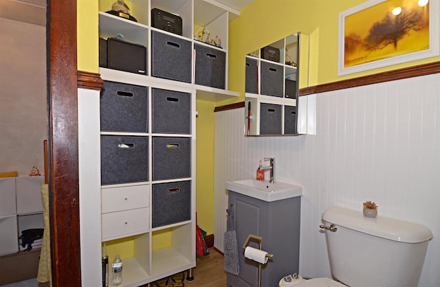 301 Van Buren St, Sauk City, WI 53583 - half bathroom featuring a sink, toilet, a wainscoted wall, and wood finished floors