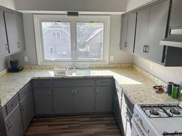 kitchen with light countertops, gray cabinetry, a sink, and dark wood-style floors