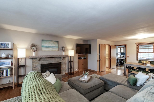 living area with baseboards, wood finished floors, and a fireplace