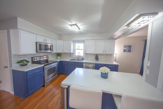 2607 King James Way, Fitchburg, WI 53719 - kitchen featuring white cabinets, blue cabinetry, a sink, tasteful backsplash, and appliances with stainless steel finishes