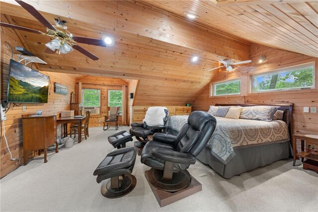 6756 Deer Track Rd, Siren, WI 54872 - carpeted bedroom featuring lofted ceiling, wood walls, wooden ceiling, and multiple windows
