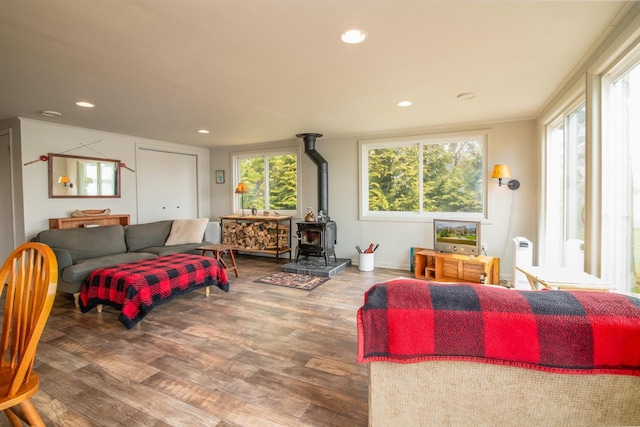 living room featuring a wood stove, recessed lighting, and wood finished floors