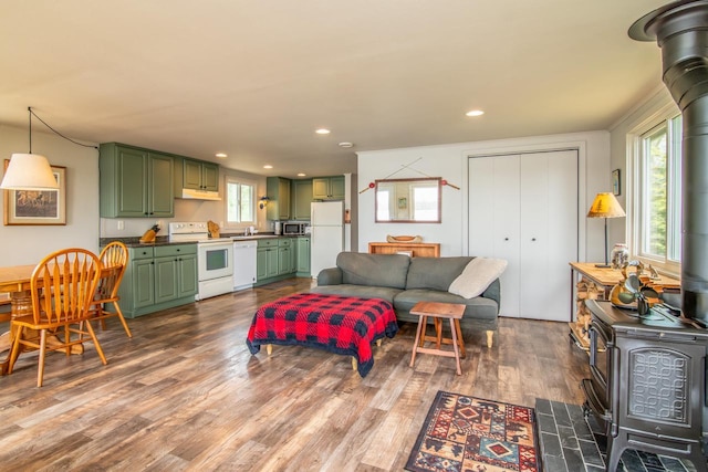 living area featuring recessed lighting, a wood stove, and dark wood finished floors