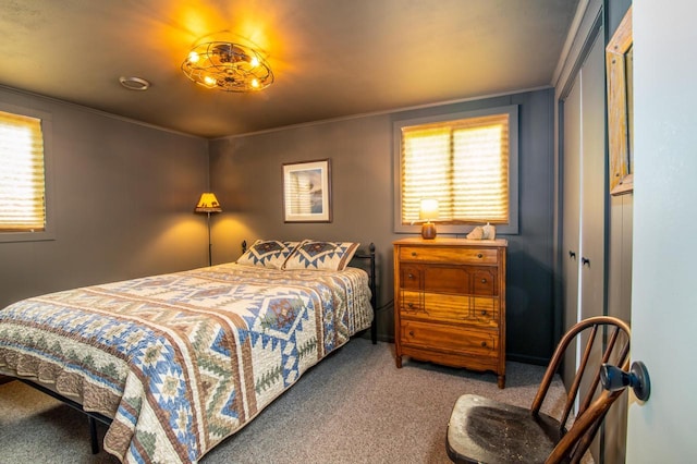 bedroom with carpet flooring, ornamental molding, and a closet