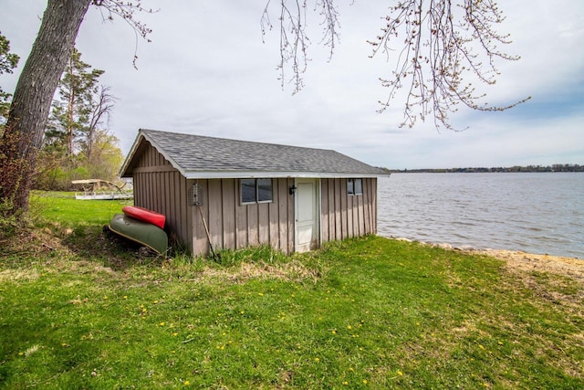 view of shed featuring a water view