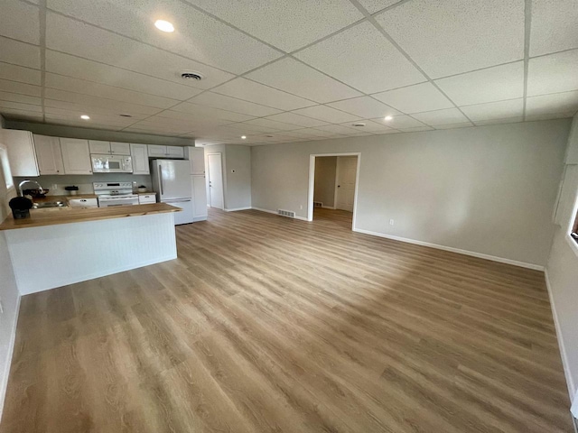 258 Ripon Rd, Berlin, WI 54923 - unfurnished living room featuring a paneled ceiling, a sink, light wood-type flooring, baseboards, and visible vents
