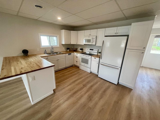 258 Ripon Rd, Berlin, WI 54923 - kitchen featuring a sink, white appliances, a peninsula, wood counters, and a paneled ceiling