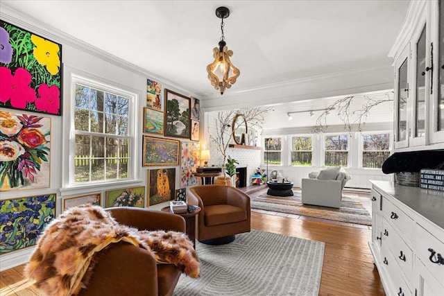 sitting room featuring wood finished floors, a fireplace, and ornamental molding