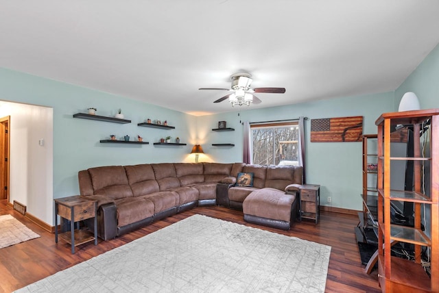 12759 N Shoreland Pkwy, Mequon, WI 53092 - living area featuring ceiling fan, wood finished floors, and baseboards