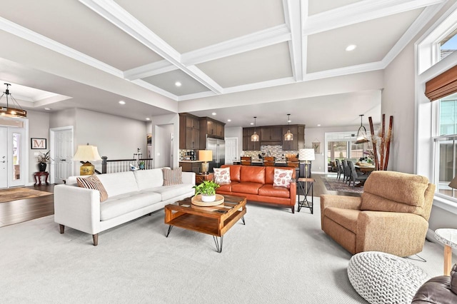 N56W27213 Crispin Ct, Lisbon, WI 53089 - living area with coffered ceiling, ornamental molding, beam ceiling, and recessed lighting