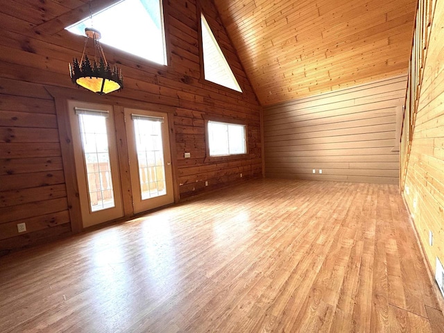 319 Hilltop Ct, Warrens, Warrens, WI 54666 - spare room with light wood finished floors, wood walls, a wealth of natural light, and high vaulted ceiling