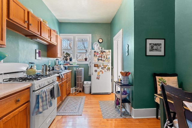 303 N Ashland Ave, Green Bay, WI 54303 - kitchen with radiator, brown cabinets, light countertops, white appliances, and light wood-type flooring
