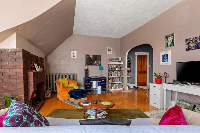 303 N Ashland Ave, Green Bay, WI 54303 - living room featuring vaulted ceiling, arched walkways, radiator heating unit, and wood finished floors