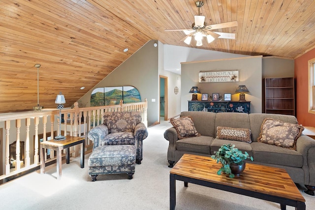 living room with wood ceiling, lofted ceiling, carpet, and ceiling fan