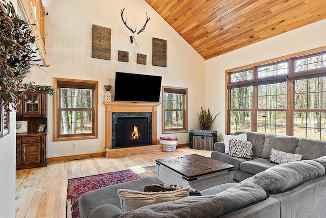 living room with high vaulted ceiling, hardwood / wood-style flooring, wood ceiling, a premium fireplace, and baseboards