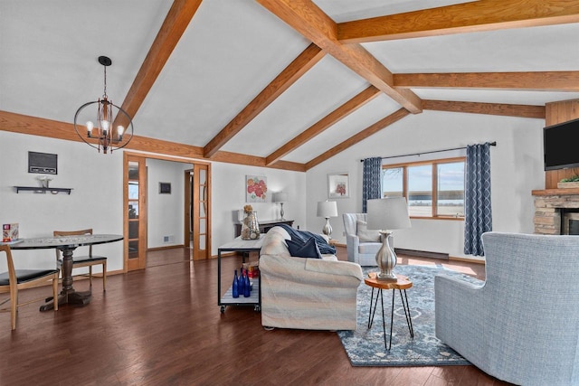 1096 Lakeshore Dr, Menasha, WI 54952 - living room with a stone fireplace, wood finished floors, vaulted ceiling with beams, baseboards, and a notable chandelier