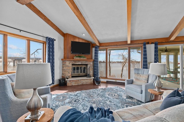 1096 Lakeshore Dr, Menasha, WI 54952 - living room with a fireplace, wood finished floors, and vaulted ceiling with beams