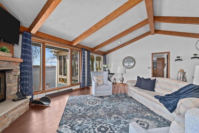 1096 Lakeshore Dr, Menasha, WI 54952 - living area featuring lofted ceiling with beams, a fireplace, and hardwood / wood-style floors