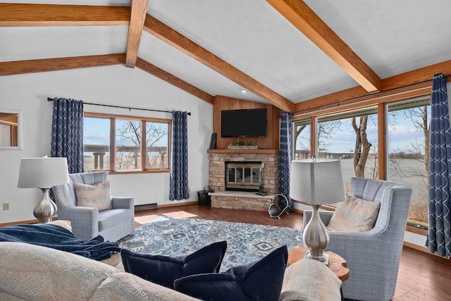 1096 Lakeshore Dr, Menasha, WI 54952 - living room with baseboards, wood finished floors, vaulted ceiling with beams, and a fireplace