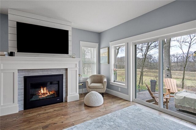 3426 Creek Ridge Dr, Eau Claire, WI 54703 - living area featuring a glass covered fireplace, wood finished floors, and baseboards