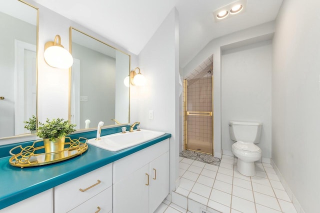 full bathroom with lofted ceiling, a shower stall, tile patterned floors, toilet, and vanity