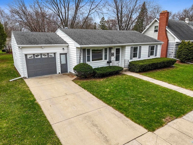 1139 Roscoe St, Green Bay, WI 54304 - ranch-style home with an attached garage, a shingled roof, a front lawn, and driveway
