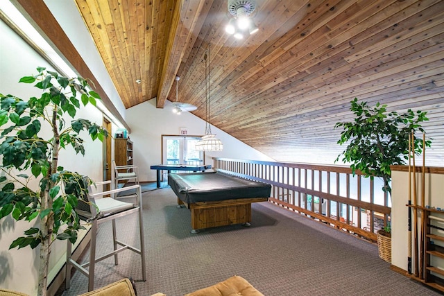 4 Hawthorn Trl, Wisconsin Dells, WI 53965 - recreation room featuring vaulted ceiling with beams, billiards, carpet, and wood ceiling