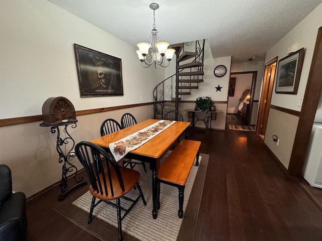4 Hawthorn Trl, Wisconsin Dells, WI 53965 - dining area featuring a textured ceiling, a notable chandelier, wood finished floors, and stairway