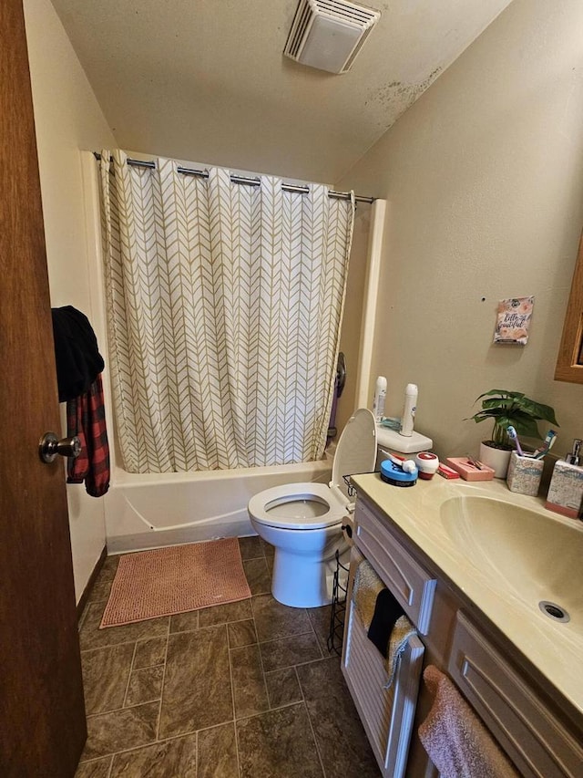 full bathroom featuring shower / bath combination with curtain, toilet, vanity, and visible vents
