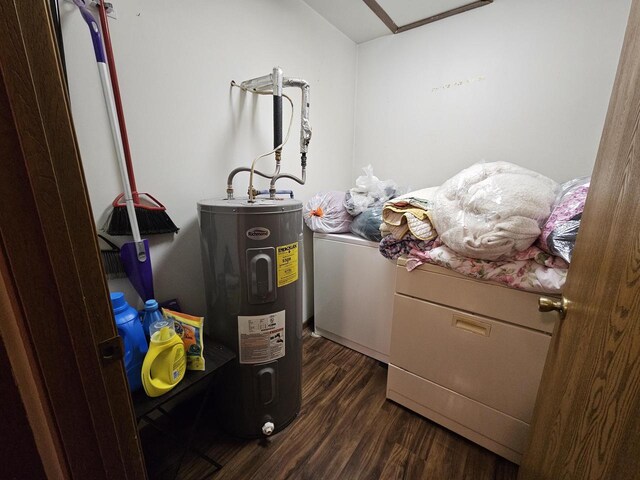 bedroom with dark wood finished floors and water heater
