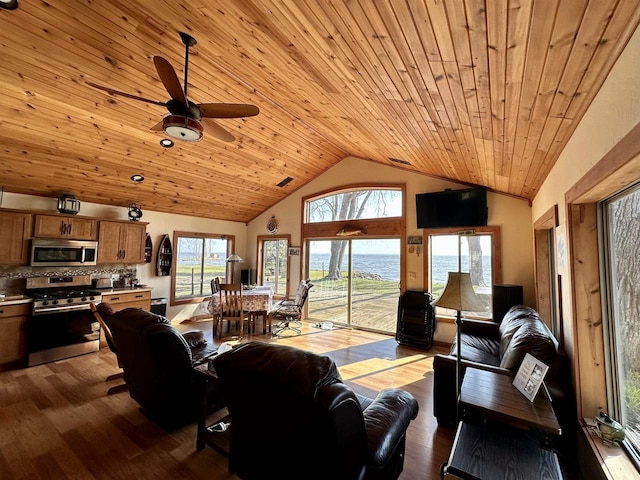 living area featuring ceiling fan, lofted ceiling, wooden ceiling, and wood finished floors