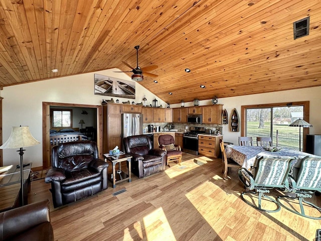 living room featuring lofted ceiling, wooden ceiling, light wood-type flooring, and a ceiling fan
