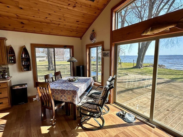 dining room featuring high vaulted ceiling, wood finished floors, a water view, and wood ceiling