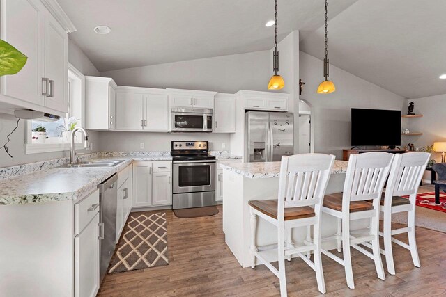 830 Roth Rd, De Pere, WI 54115 - kitchen featuring vaulted ceiling, light wood-style flooring, stainless steel appliances, and a sink